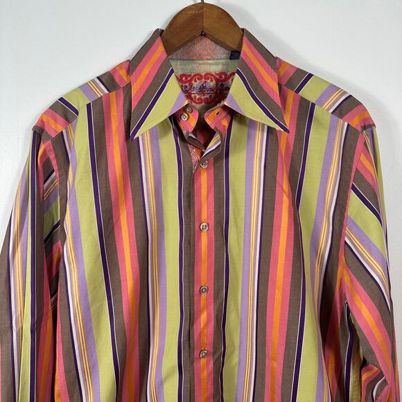 Robert Graham Mens L Bold Multicolor Stripe Button Front Shirt Flip Cuff Cotton - Picture 14 of 14